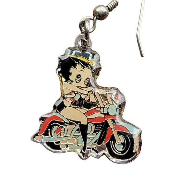 Betty Boop Motorcycle Dangle Earrings By NJ Croce Co Silver Tone Enamel Design - Picture 3 of 6